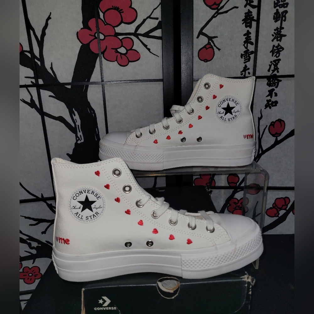 Converse Women's White and Red Heart High-Tops